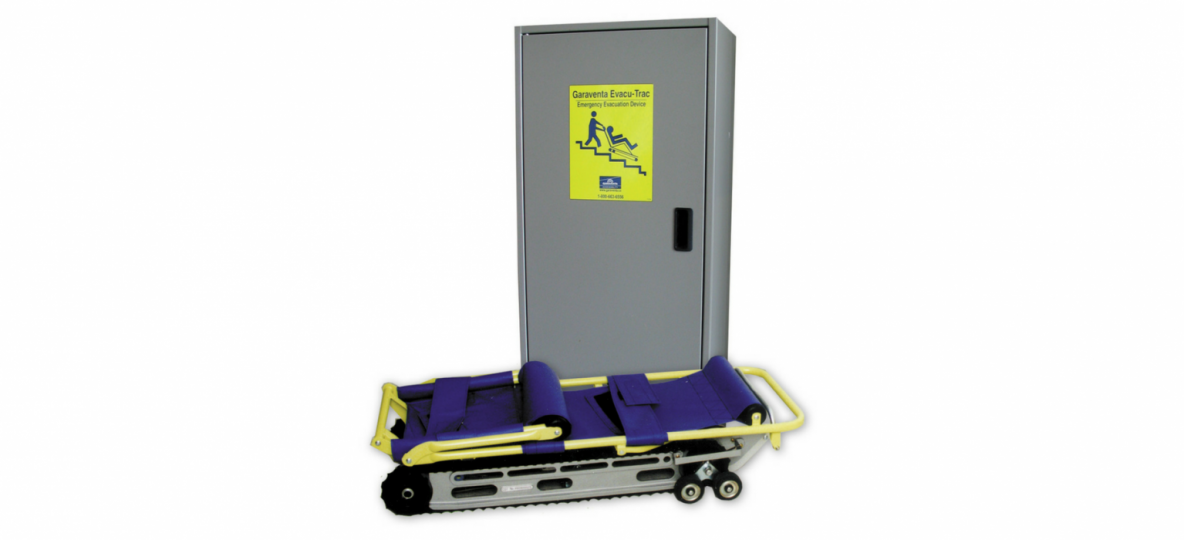 Evacu-Trac folded down next to storage cupboard